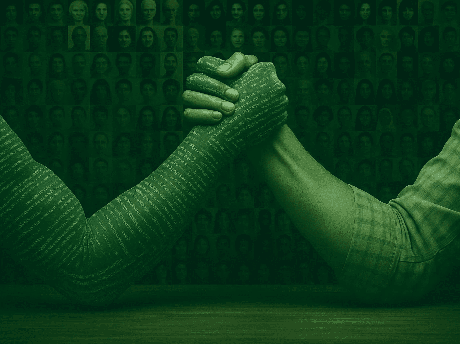 Human and AI arm wrestle, digital confrontation concept. How Far Can I Trust My Therapy Bot to Care About Me? by @RARueggAuthor #therapy #therapybot #care #trust 