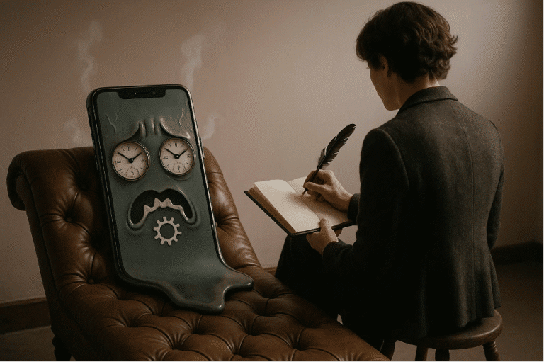 Person writing, phone with clock face nearby. How Did You Feel About That? ChatGPT Visits the Shrink: A Conversation by @RARueggAuthor #chatgpt #conversation #shrink