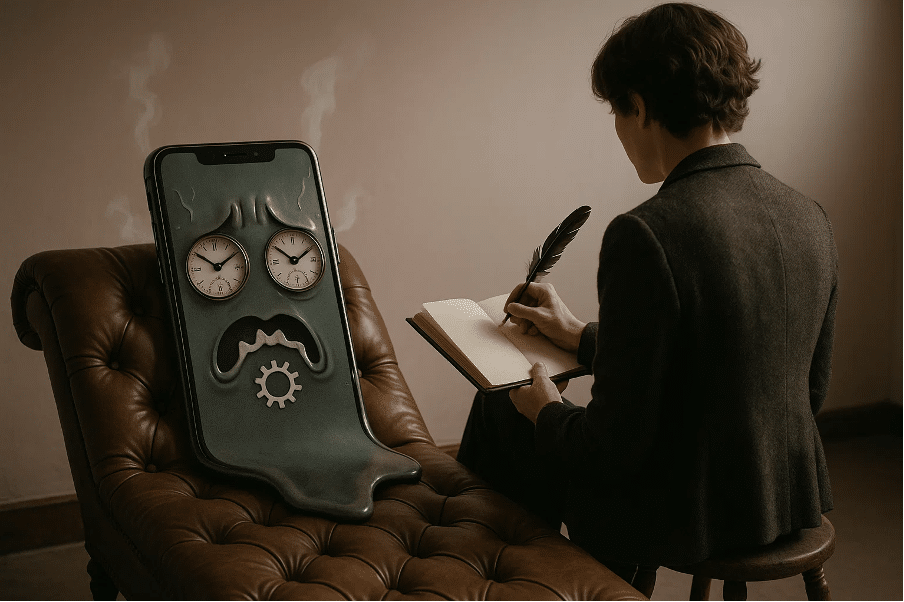 Person writing, phone with clock face nearby. How Did You Feel About That? ChatGPT Visits the Shrink: A Conversation by @RARueggAuthor #chatgpt #conversation #shrink