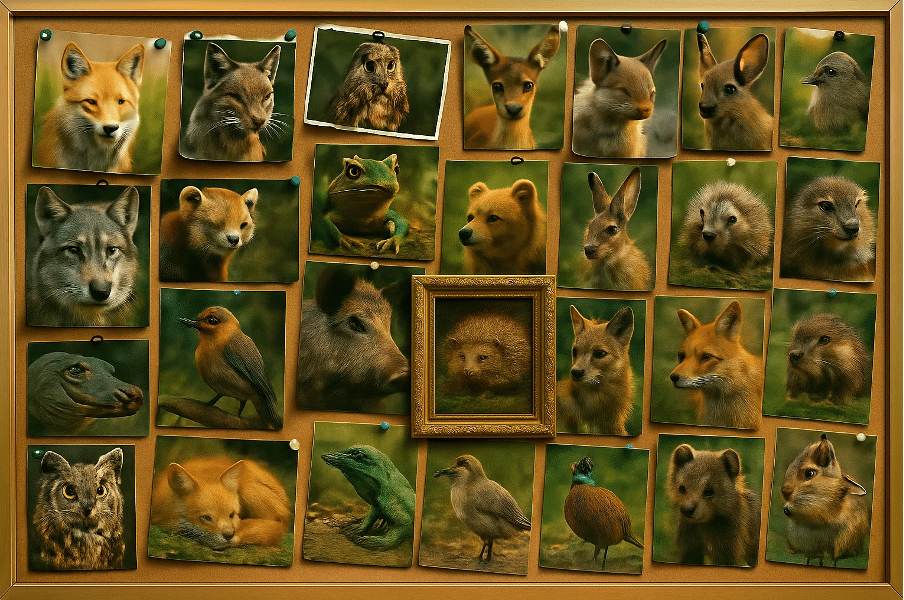 Corkboard with diverse animal photos displayed. How Avatar Therapy Uses Animal Wisdom to Heal Your Heart by @RARueggAuthor #avatar #therapy #wisdom #animal #heart 