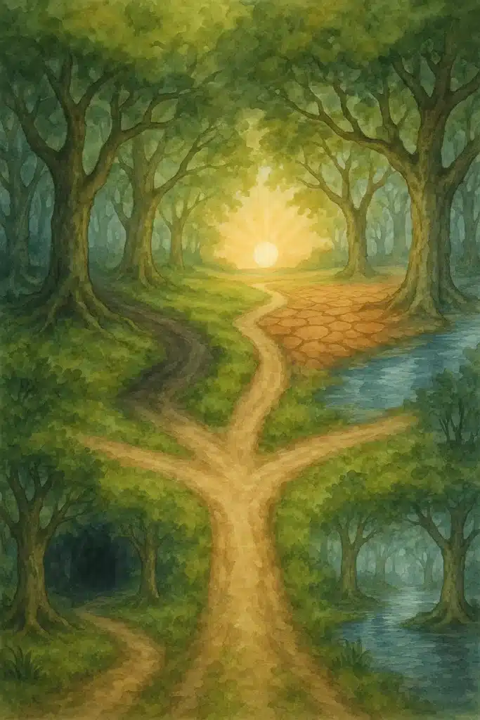 Misty forest with sunrise, paths diverging. How Avatar Therapy Uses Animal Wisdom to Heal Your Heart by @RARueggAuthor #avatar #therapy #wisdom #animal #heart 