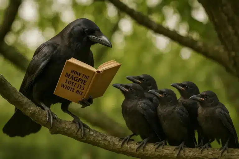 Crow reading to young birds on branch. Why Crows Are Better Storytellers Than Most Humans (And What That Teaches Us) by @RARuegg #storytelling #crows #humans