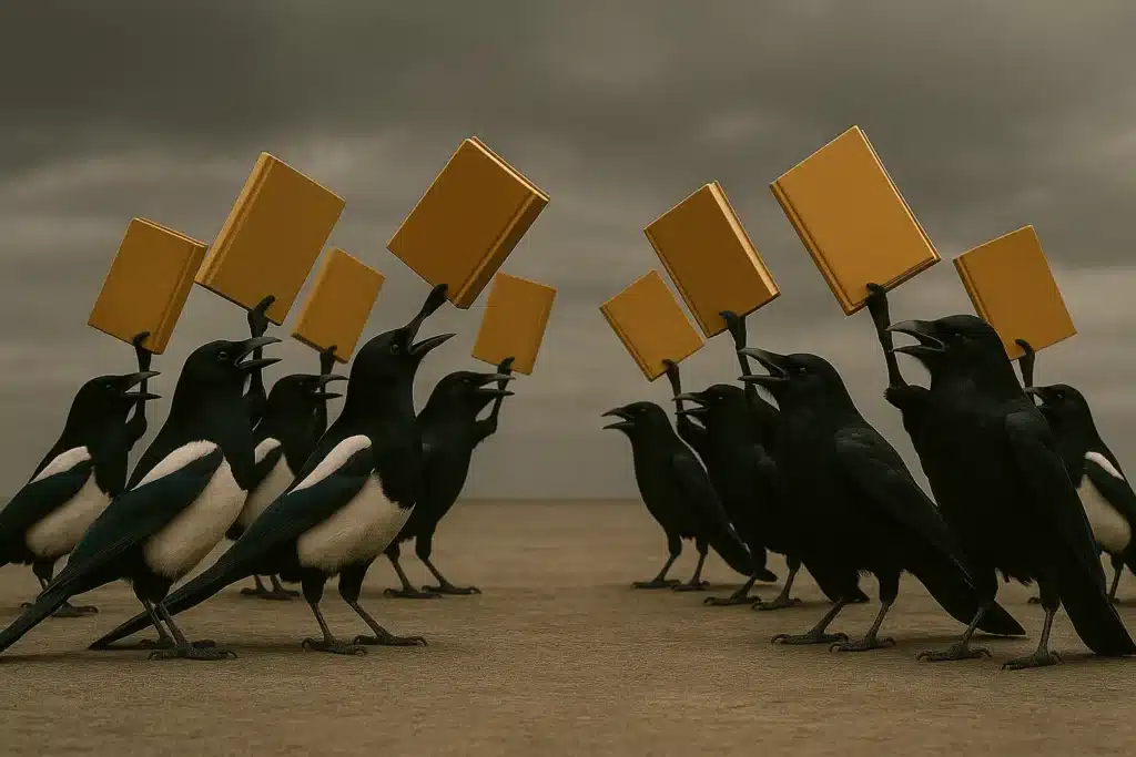 Magpies holding books in beaks, cloudy sky background. Why Crows Are Better Storytellers Than Most Humans (And What That Teaches Us) by @RARuegg #storytelling #crows #humans 