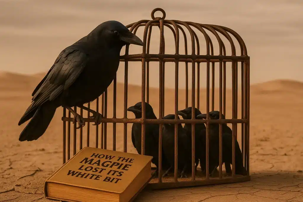 Crow on cage, book on sand. Why Crows Are Better Storytellers Than Most Humans (And What That Teaches Us) by @RARuegg #storytelling #crows #humans 