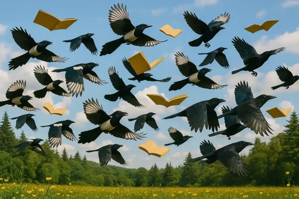 Magpies flying with books in a sunny field. Why Crows Are Better Storytellers Than Most Humans (And What That Teaches Us) by @RARuegg #storytelling #crows #humans 