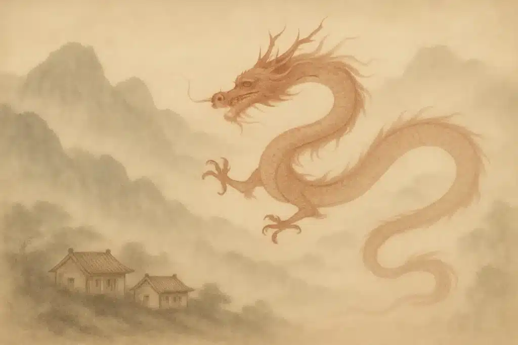 Traditional Chinese dragon over misty mountains. How Sacred Animals Teach Us Secrets About Happiness, Wisdom, and Finding Peace #happiness #peace #wisdom #animals 