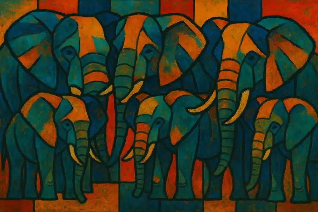 Colourful abstract painting of elephants in a group. How Nature’s ‘Bush Telegraph’ Can Guide Your Digital Detox and Reclaim Your Humanity by @RARueggAuthor #telegraph #detox #humanity 