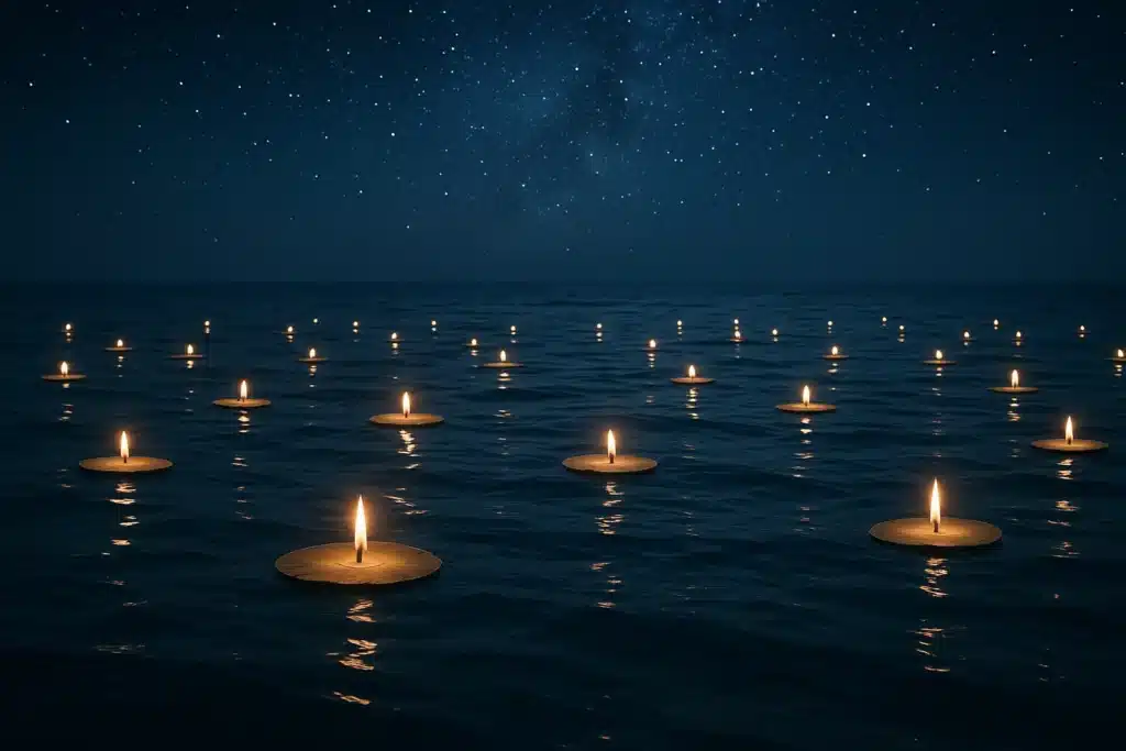 Floating candles on water under starry night sky. How Far Can I Trust My Therapy Bot to Care About Me? by @RARueggAuthor #therapy #therapybot #care #trust 