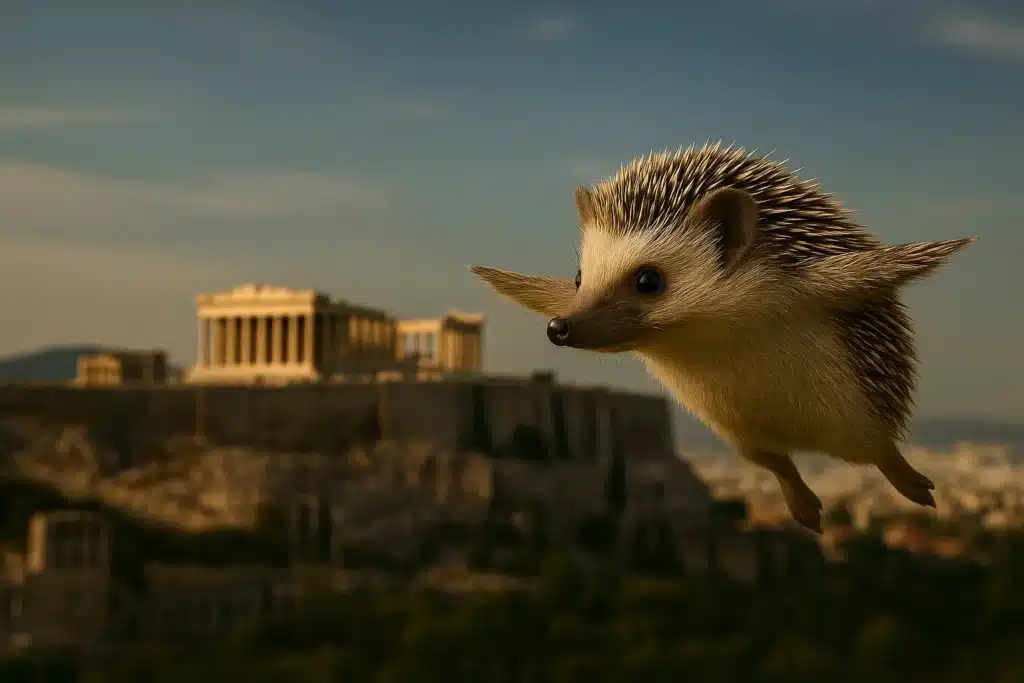 Flying hedgehog above Athens Acropolis. A Prickly Question For You: Do Hedgehogs Have Consciousness Like Humans? #hedgehogs #consciousness #humans 