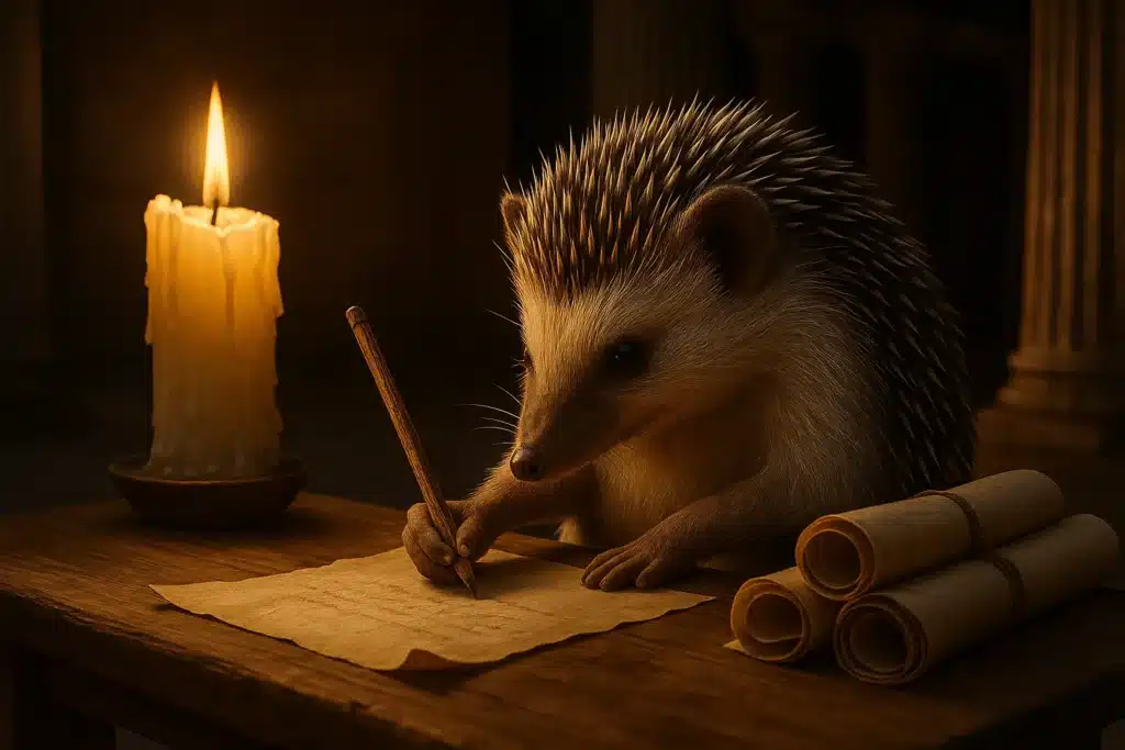 Hedgehog writing by candlelight on parchment scroll. A Prickly Question For You: Do Hedgehogs Have Consciousness Like Humans?