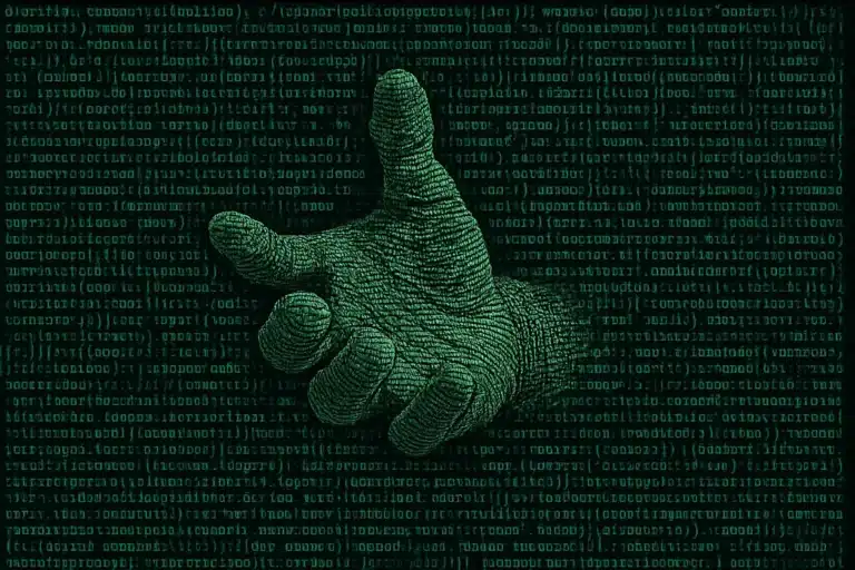 Digital hand emerging from green coded background. How Far Can I Trust My Therapy Bot to Care About Me? by @RARueggAuthor #therapy #therapybot #care #trust