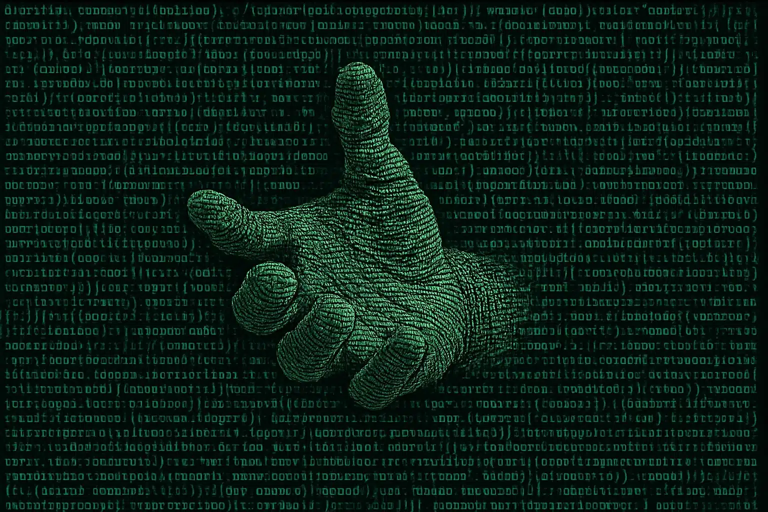 Digital hand emerging from green coded background. How Far Can I Trust My Therapy Bot to Care About Me? by @RARueggAuthor #therapy #therapybot #care #trust