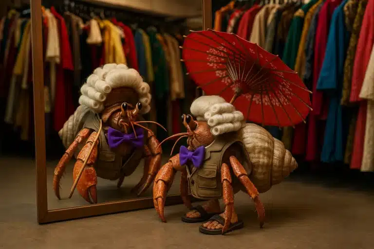 Elegant hermit crab with wig and purple bow tie.Why Hermit Crabs Hold the Key to Unlocking Your True Self and Personal Growth by @RARuegg #hermitcrabs #trueself #personalgrowth