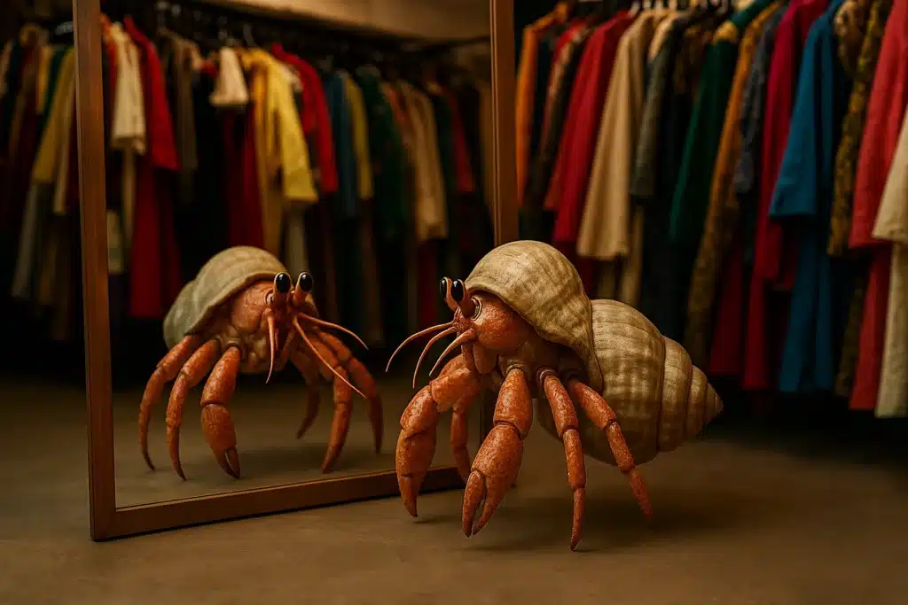 Hermit crab looking in mirror near colourful clothes. Why Hermit Crabs Hold the Key to Unlocking Your True Self and Personal Growth by @RARuegg #hermitcrabs #trueself #personalgrowth 