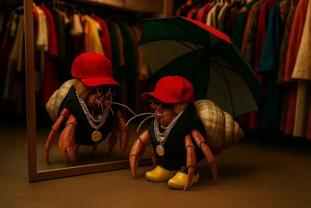 Hermit crab with bling, hat, and umbrella reflection. Why Hermit Crabs Hold the Key to Unlocking Your True Self and Personal Growth by @RARuegg #hermitcrabs #trueself #personalgrowth 