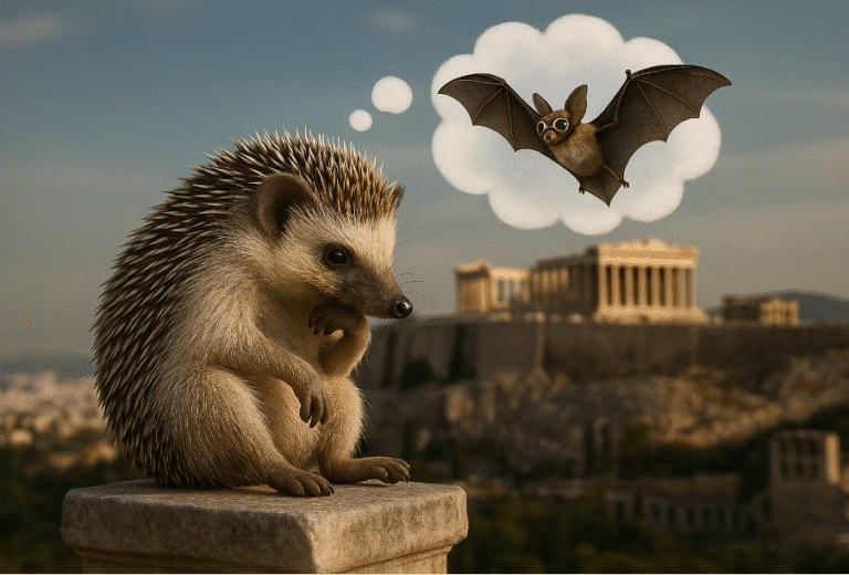 Hedgehog imagines flying bat over ancient Acropolis ruins. A Prickly Question For You: Do Hedgehogs Have Consciousness Like Humans? #hedgehogs #consciousness #humans