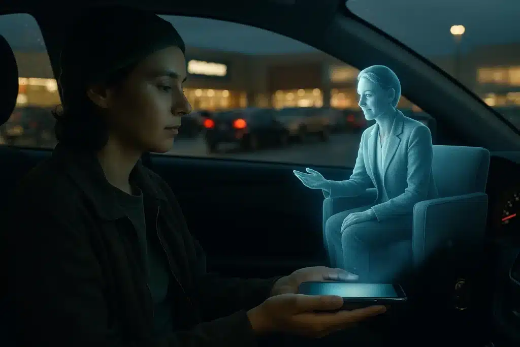 Person interacts with hologram inside car. How Far Can I Trust My Therapy Bot to Care About Me? by @RARueggAuthor #therapy #therapybot #care #trust 