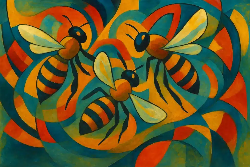 Abstract bees with colourful geometric patterns. Colourful abstract painting of elephants in a group. How Nature’s ‘Bush Telegraph’ Can Guide Your Digital Detox and Reclaim Your Humanity by @RARueggAuthor #telegraph #detox #humanity 