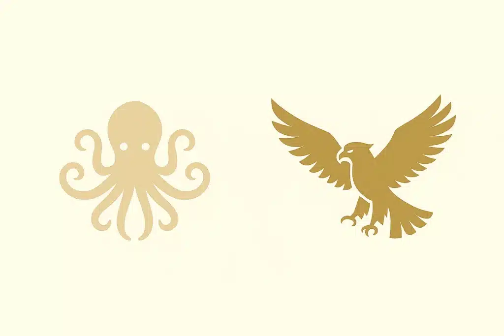 Golden octopus and eagle logos on cream background. How Avatar Therapy Uses Animal Wisdom to Heal Your Heart by @RARueggAuthor #avatar #therapy #wisdom #animal #heart 