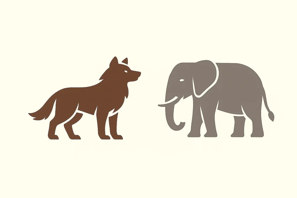 Illustration of wolf and elephant facing each other. How Avatar Therapy Uses Animal Wisdom to Heal Your Heart by @RARueggAuthor #avatar #therapy #wisdom #animal #heart 