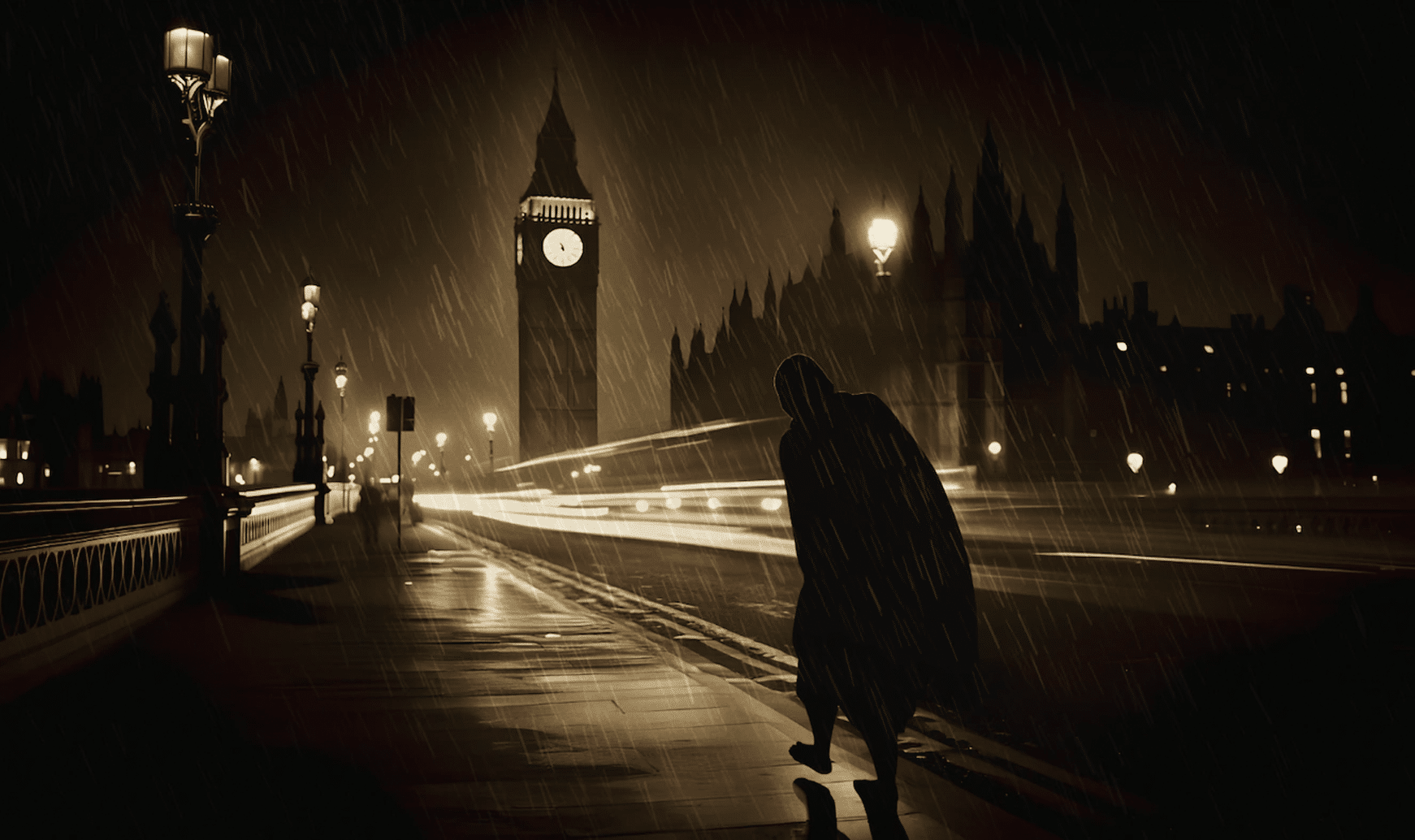 Silhouette on a rainy London night by Big Ben.