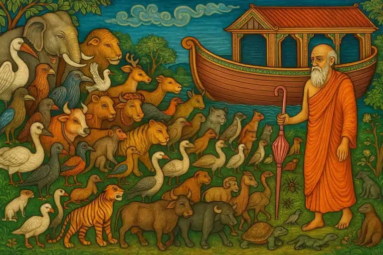 Animals gathering by a large boat and monk. How Sacred Animals Teach Us Secrets About Happiness, Wisdom, and Finding Peace #happiness #peace #wisdom #animals