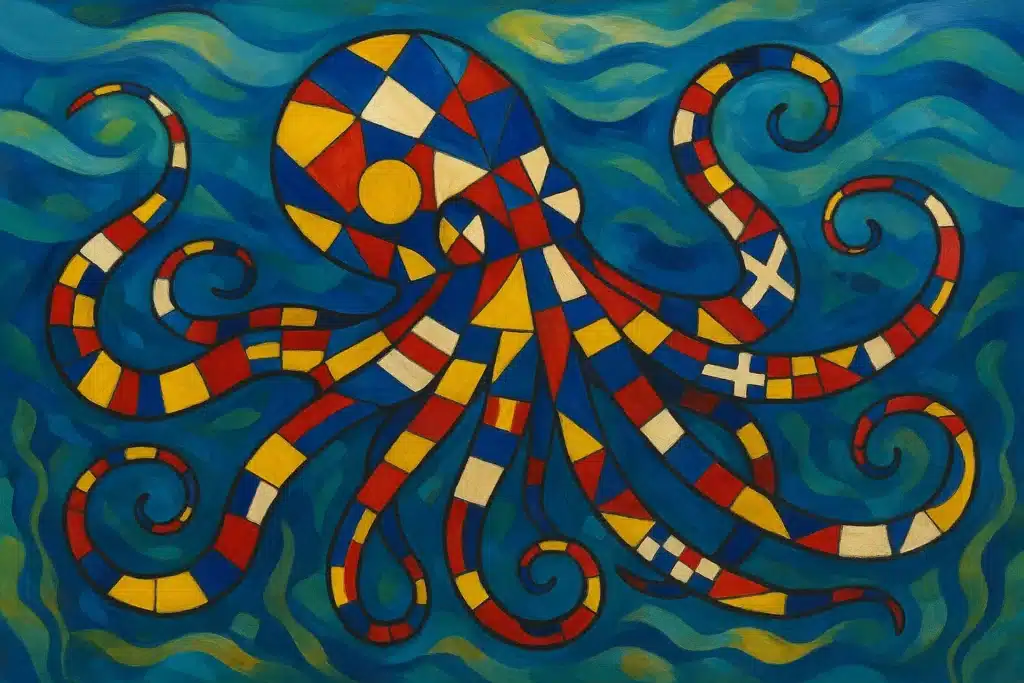 Colourful mosaic octopus in swirling blue ocean. Colourful abstract painting of elephants in a group. How Nature’s ‘Bush Telegraph’ Can Guide Your Digital Detox and Reclaim Your Humanity by @RARueggAuthor #telegraph #detox #humanity 