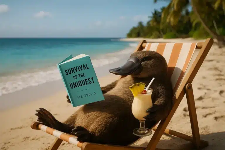 Platypus lounging with book and cocktail on beach. What Can the Humble Platypus Teach You About Being in a League of Your Own? by @RARueggAuthor #platypus #teach #identity #own