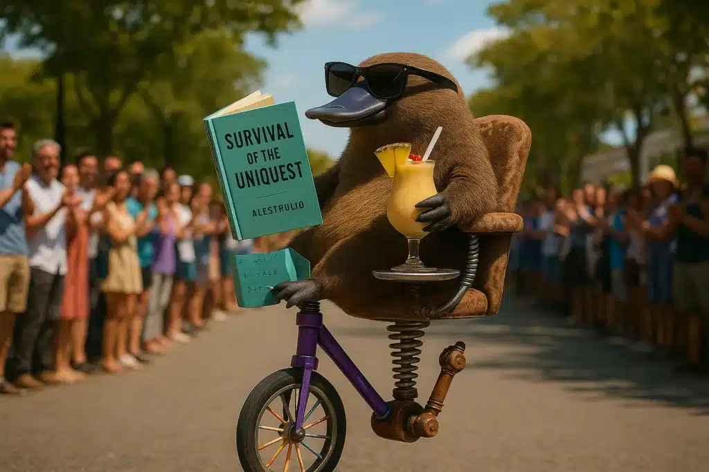 Platypus reading book on unicycle, crowd watching. Platypus lounging with book and cocktail on beach. What Can the Humble Platypus Teach You About Being in a League of Your Own? by @RARueggAuthor #platypus #teach #identity #own 