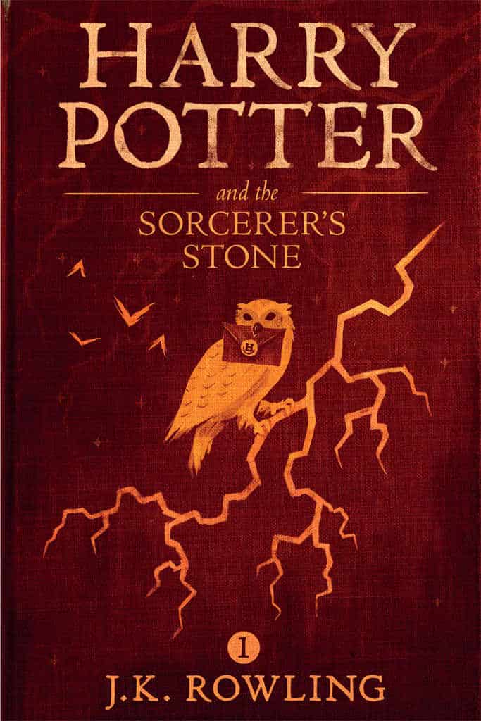 Harry Potter book cover with owl and lightning.