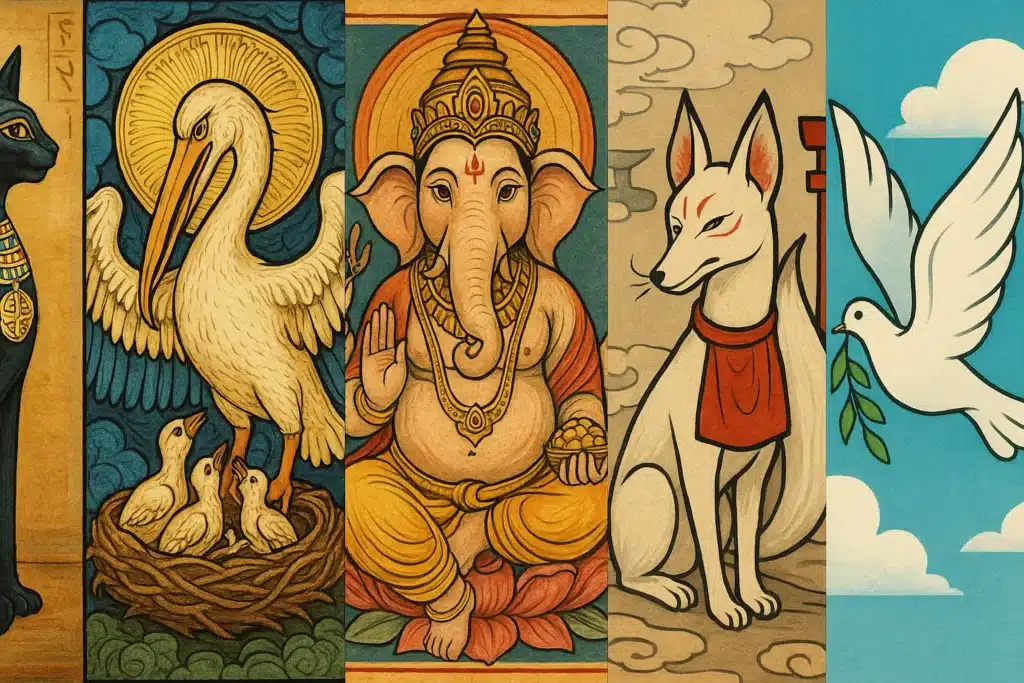 Illustrated deities and animals in cultural art style.