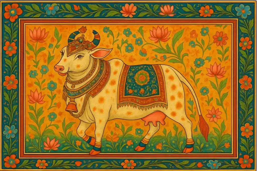 Traditional artwork of sacred cow with floral design. How Sacred Animals Teach Us Secrets About Happiness, Wisdom, and Finding Peace #happiness #peace #wisdom #animals 