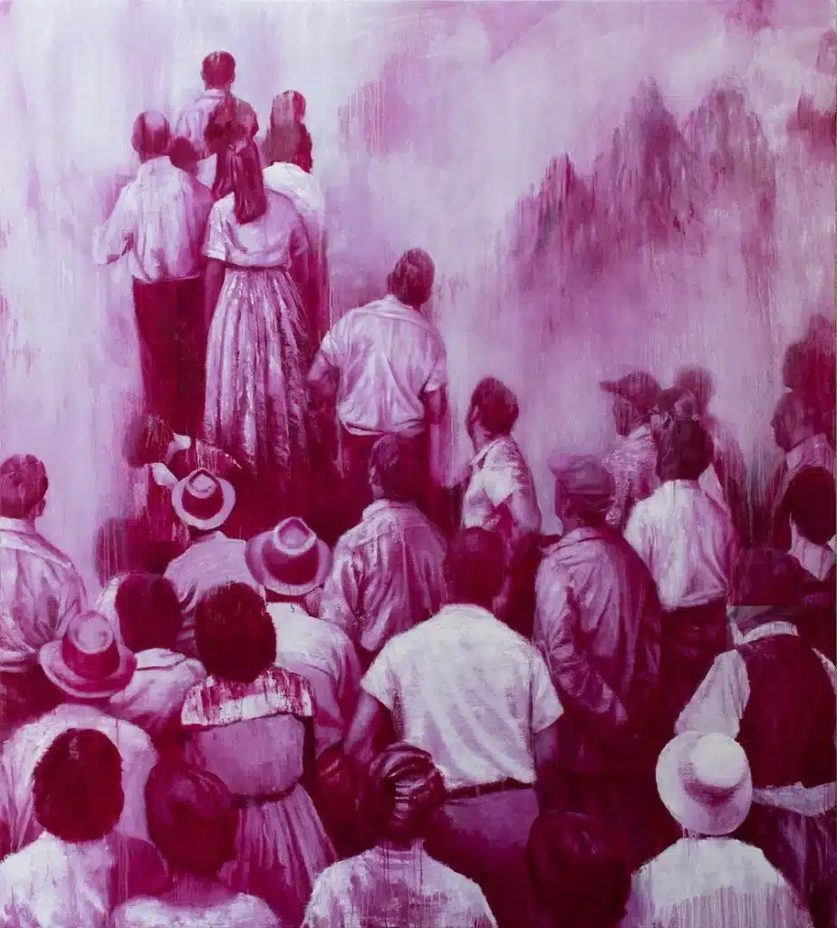 Crowd gathered in pink-tinted painting. How Far Can I Trust My Therapy Bot to Care About Me? by @RARueggAuthor #therapy #therapybot #care #trust 