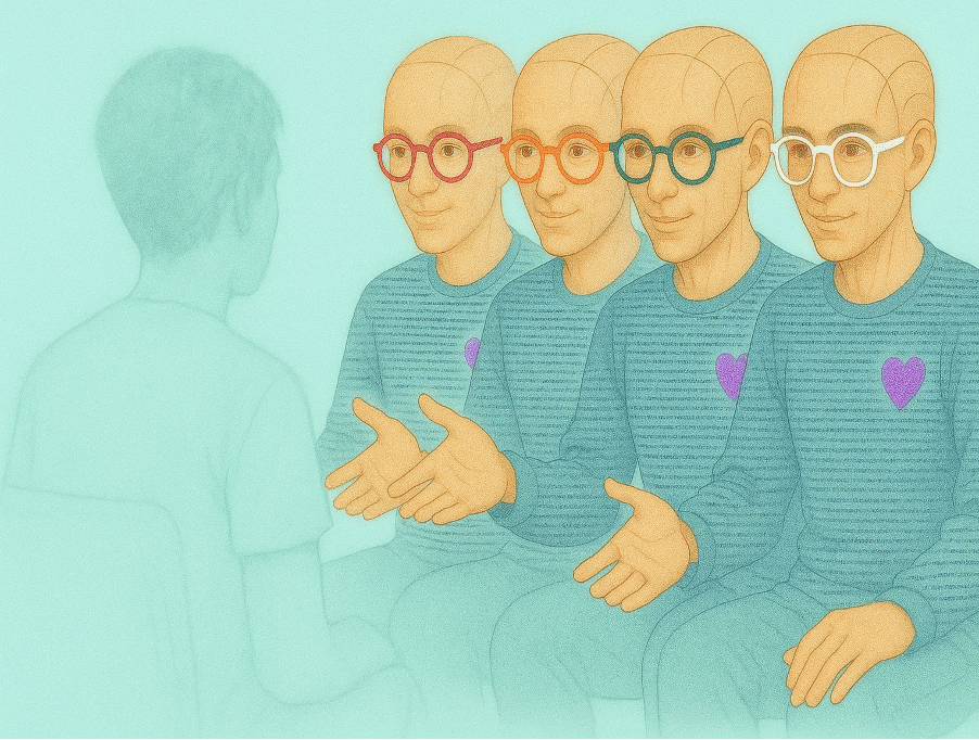 Four smiling figures converse with seated person. How Far Can I Trust My Therapy Bot to Care About Me? by @RARueggAuthor #therapy #therapybot #care #trust 