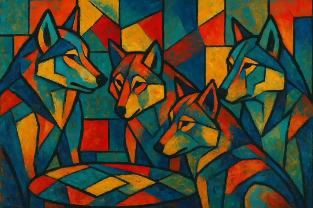 Abstract painting of wolves in geometric patterns. Colourful abstract painting of elephants in a group. How Nature’s ‘Bush Telegraph’ Can Guide Your Digital Detox and Reclaim Your Humanity by @RARueggAuthor #telegraph #detox #humanity 